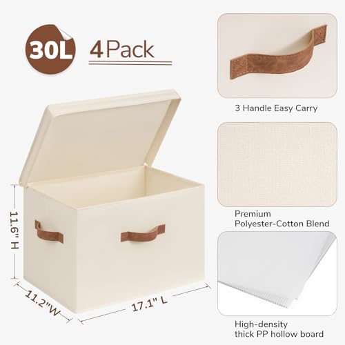CHICVITA 4-Pack Large Fabric Storage Bins with Lids for Shelves, Ivory | 17.1" x 11.2" x 11.6" Decorative Storage Boxes with Handles for Clothes Fit Closet, Toy Box with Support Plate for Playroom