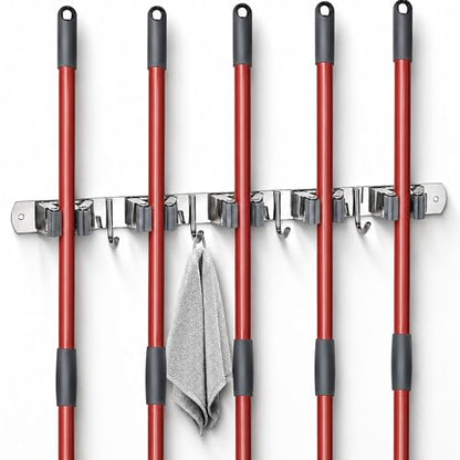 voze 5 Racks and 4 Hooks Mop and Broom Holder Wall Mount, Self Adhesive Heavy Duty Broom Hanger Organizer Storage Tool Racks for Kitchen Garden Laundry Garage