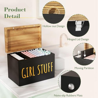 Wooden Tampon Holder, Matte Black, Hinged Lid Organizer | Shark Week Period Box, Pad Holder for Bathroom, Tampon Storage, Feminine Product Organizer, Stylish Girl Stuff Box