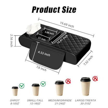 Upgraded 5 in 1 Car Center Console Cover, Leather Car Armrest Cushion with Side Storage Bags, Cup Holder, Tissue Box and Phone Stand, Universal Interior Accessory for Most Vehicles