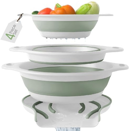 Collapsible Colanders (3 Pack Set) Food Strainers with Over-Sink Water Draining Base for Pasta Fruits and Vegetables, White/Sage (3 Sizes, 3QT, 4QT and 5 Quart)