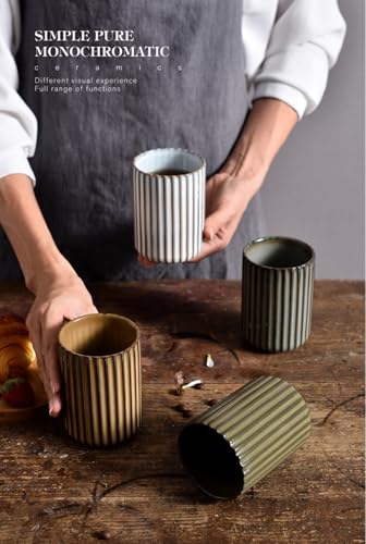 Stoneware Coffee Bar Utensil Holder Tea & Coffee Spoon & Stirrer Holder for Stir Stick Straw Teaspoon Holder Espresso Spoon Cup Small Utensil Jar Fluted Vertical Stripe (Rustic Brown)