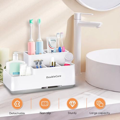 Toothbrush Holder with Anti-Slip, Bathroom Organizer Countertop Detachable | 6 Compartment Multifunctional Storage, Easy Cleaning, Bathroom Caddy for Toothpaste, Shaver,Great for Home, Vanity Organizer