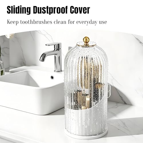 JEESA Dustproof Toothbrush Holder with Cover, Transparent/White | 360° Rotating, 180° Sliding Lid, 3 Slots, Toothbrush Organizer, for Bathroom Countertop