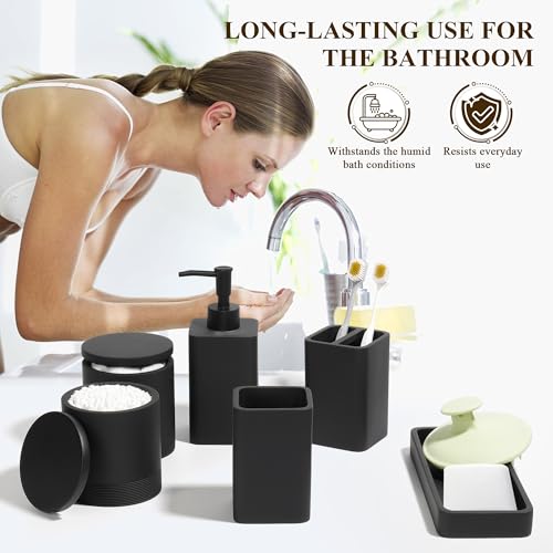 Bathroom Accessories Set, 6 Piece Soap Dispenser Set - Matte Black | Bathroom Set with Toothbrush Holders, Soap Dispenser, Vanity Tray, Tumbler, Cotton Swab Jars, Bathroom Organizer and Storage