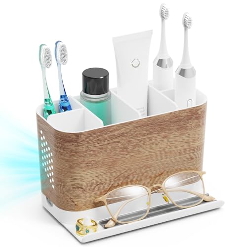 Bathroom Organizers and Storage 6 Slots Wood Grain Electric Toothbrush Holders with Phone Holder and Adjustable Dividers, Cord-Friendly Toothbrush Organizer with Drainage for Family, Kids