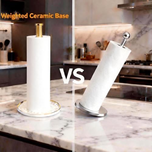 Paper Towel Holder Countertop,Kitchen Paper Towels Holder with Weighted Ceramic Base, Golden Paper Towel Holders for Standard and Large Size Rolls