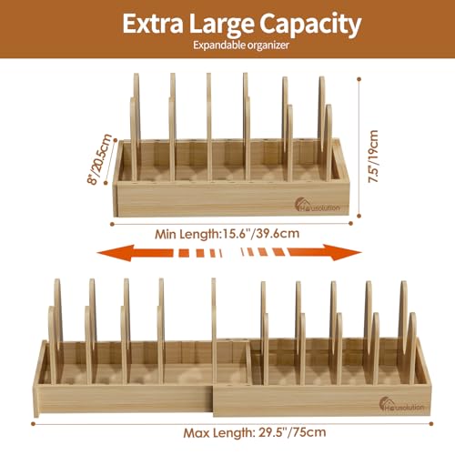 Housolution Bamboo Pot and Pan Lid Organizer Holder Storage Rack | 15"-29" Expandable, 10 Adjustable Dividers, Upgrade Solid Wooden Base, Easy Assembly