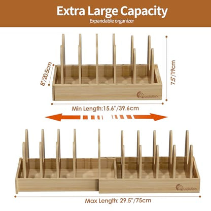 Housolution Bamboo Pot and Pan Lid Organizer Holder Storage Rack | 15"-29" Expandable, 10 Adjustable Dividers, Upgrade Solid Wooden Base, Easy Assembly