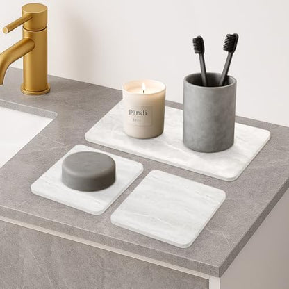 4 Pcs Water Absorbent Stone Dry Tray for Bathroom Sink Kitchen Counter Tray | Diatomite Stone Quick Drying Diatomaceous Earth Mat Soap Dispenser Dish Sponge Holder Ceramic Marble Bathroom Vanity Trays