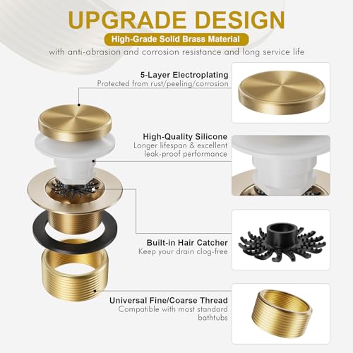Champagne Bronze Bathtub Drain Kit with Overflow and Hair Catcher | Solid Brass Tip-Toe Tub Drain, with Two-Hole Overflow Cover, Universal Coarse/Fine Thread, for Bathroom Bath Tub, 11.5/16 UNC