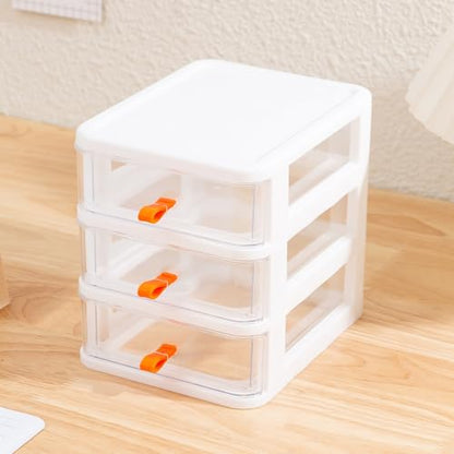 Gagee 3 Drawer Mini Desktop Unit, Clear/White Frame | Plastic Dressers with Drawers, For Arts and Crafts, Small Tools Storage, Sewing Accessories, Stationary and Hardware