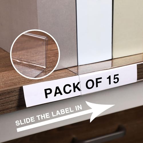 Containlol 15 Pieces Clear Shelf Label Holders Moveable Shelves Tags Moveable Library Markers Transparent Shelf Label Display Holder for Classroom Office Library Book Shelves(5.1 x 0.8 Inch)