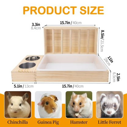 3 in 1 Rabbit Hay Feeder with Litter Box,Wooden Hay Feeder with 2 Bowls & Litter Box for Guinea Pig Chinchilla Bunny Other Small Animals,Large Capacity & Preventing Waste