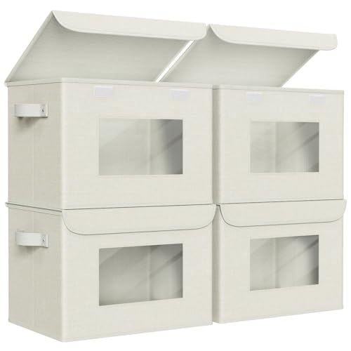 Univivi Fabric Storage Bins with Lids for Clothes 4 Pack, Grey | 17 x 12 x 12 In Foldable Storage Boxes with Handles, Clear Window, Closet Organizers for Home, Bedroom