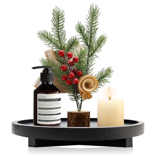 Black Round Decorative Wooden Tray for Bathroom Counter Table Trays Decor | Circle Wood Riser Kitchen Counter Soap Sink Vanity Trays Lazy Susan Candle Pedestal Stand Bandeja Decorativas Small Oil Tray