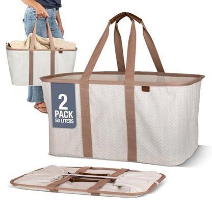 Collapsible Fabric Laundry Basket Tote Premium, Herringbone, 2 Pack | Bring a Polished Look to Laundry Day | Cotton-Blend Fabric and Vegan Leather Pair with Long Handles and 55 lb Support