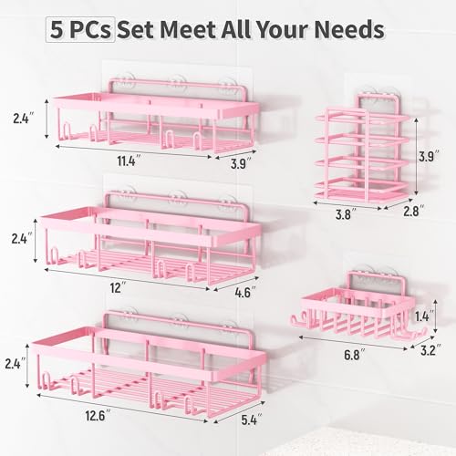 5 Pack Shower Caddy for Inside Shower, Pink Bathroom Decor Set | Large Rustproof Stainless Steel Organizer with Strong Adhesive, No Drilling Wall Shelves, Cute Girly Bathroom Accessories