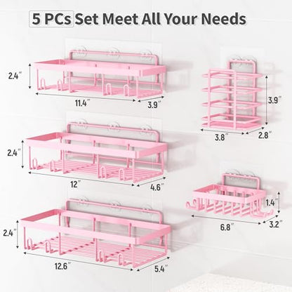 5 Pack Shower Caddy for Inside Shower, Pink Bathroom Decor Set | Large Rustproof Stainless Steel Organizer with Strong Adhesive, No Drilling Wall Shelves, Cute Girly Bathroom Accessories