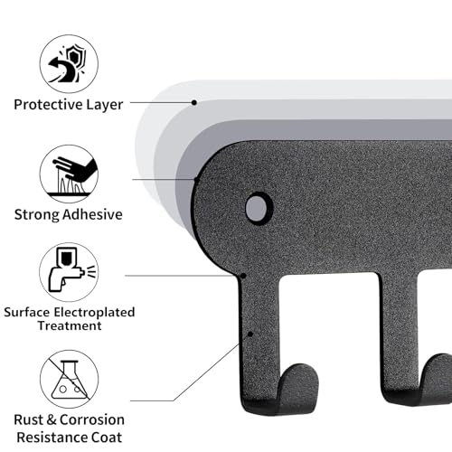 2 Pack Key Holder for Wall, Key Hooks with 10 Hooks, Black | Key Holder Wall Mount Self Adhesive, Key Rack for Wall No Drill for Living Room, Kitchen, Bathroom, Garage