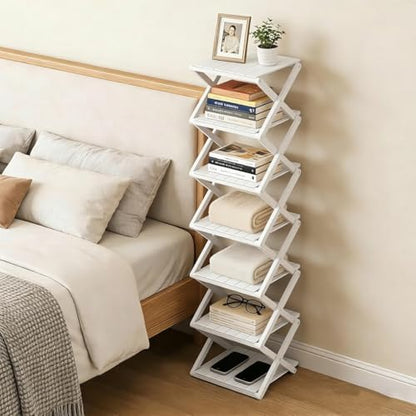 Bamboo Shoe Rack - No Assembly Required, Tall Narrow Foldable Shoe Organizer, Space-Saving Multifunctional Shelf for Entryways, Corners, Bedrooms, Balconies, 5 Layer White (Reinforced And Thickened )