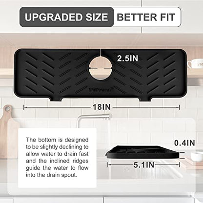 Silicone Faucet Mat for Kitchen Sink – Gen 2 Splash Guard with Upgraded Outlet & Slope – 18” x 5.1” Water Catcher & Sink Sponge Holder for Kitchen and Bathroom (Black)