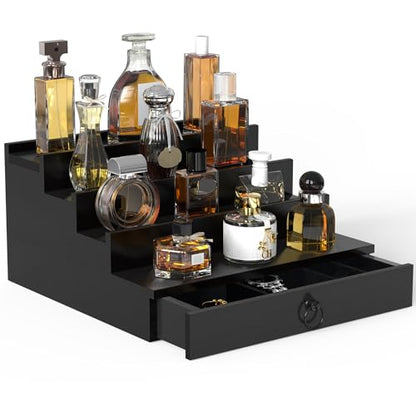upcessory Cologne Organizer for Men 4 Tier Black Wood Perfume Organizer | with Felt Lining Drawer and Hidden Compartment, Perfume Display Holder, A Gift for Men