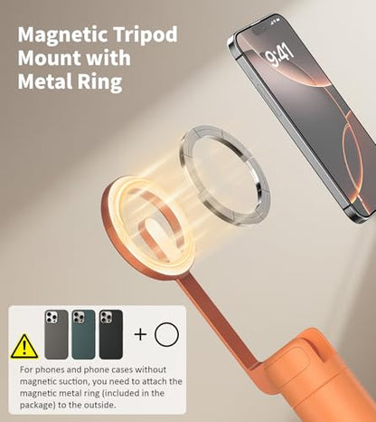 TONEOF Magnetic Selfie Stick Tripod with Aluminum Strong Magnetic Holder for Magsafe, 360° Rotatable Travel Phone Tripod Stand with Metal Ring & Rechargeable Remote for iPhone/Android