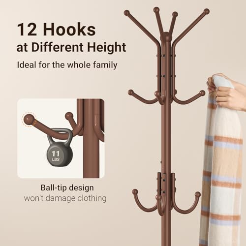 Coat Rack Freestanding, Metal Coat Rack with Umbrella Holder | 12 Hooks, Round Base, Heavy Duty Floor Standing Coat Tree for Entryway, Hallway, Living Room, Bedroom, Office, Brown
