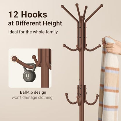 Coat Rack Freestanding, Metal Coat Rack with Umbrella Holder | 12 Hooks, Round Base, Heavy Duty Floor Standing Coat Tree for Entryway, Hallway, Living Room, Bedroom, Office, Brown