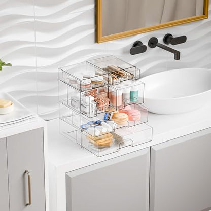 Clear Stackable Storage Drawers - Set of 6 - Acrylic Drawers,Bathroom Organizer Bin and Plastic Makeup Organizer,Clear Stacking Brightroom Storage Boxes for Vanity,Cabinet,Pantry Organization