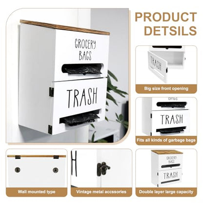 2 in 1 Trash Bag Dispenser, Double Wall Mounted,Wood Trash Bag Holder, used in kitchen, garage, laundry room, can store Environmentally friendly food bags and garbage bags (White)