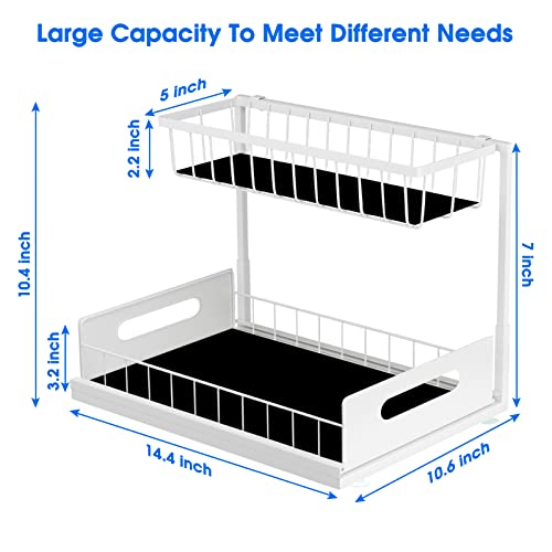 Under Sink Organizer, 2 Tier Pull-Out Cabinet Storage Shelf, Rust-Resistant Metal Organizer for Kitchen Bathroom Laundry Room, No Tools Installation, 1 Pack White