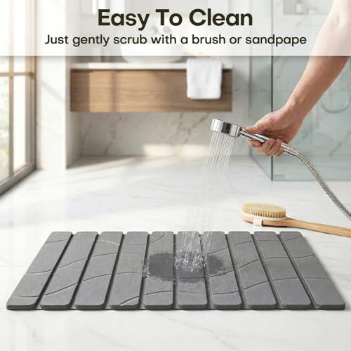 Foldable Stone Bath Mat, Non Slip Large Diatomaceous Shower Mat, Super Absorbent Quick Drying Stone Mat for Bathroom Kitchen Floor Counter Sink,Easy to Clean & Store (24" x 16" Dark Gray)