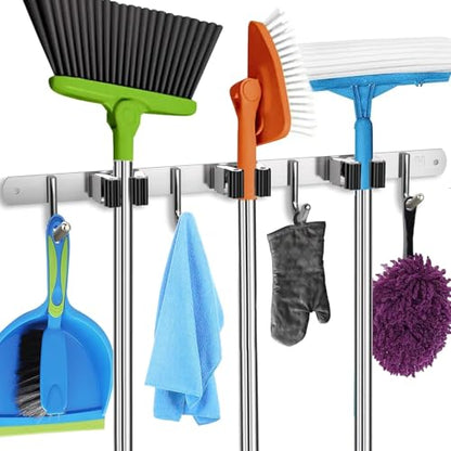 Homely Center Mop and Broom Holder Wall Mount – Heavy-Duty Closet Organizer for Garage, Kitchen, Laundry Organization – Tool Hanger with 3 racks and 4 hooks