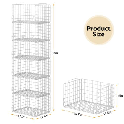 6-Tier Stackable Closet Organizers and Storage Basket - Foldable Closet Shelf Organizer System, Sturdy Metal Space-Saving Clothes Storage Bins for Wardrobe, White