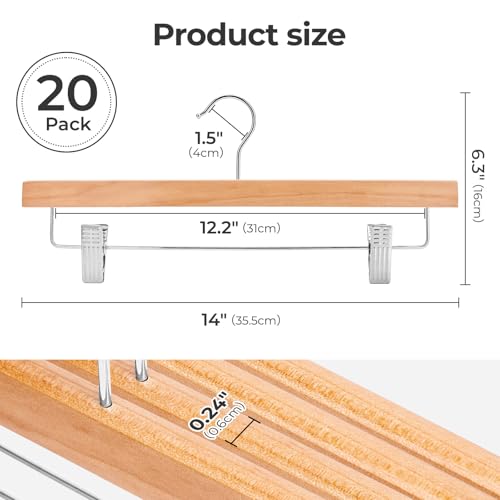 HOUSE DAY Wooden Pants Hangers with Clips, 20 Pack Skirt Hangers, Natural | 14-Inch Wood Hangers with Adjustable Non-Slip Metal Clips & 360° Swivel Hooks, Heavy Duty for Jeans, Slacks, Trousers, Shorts