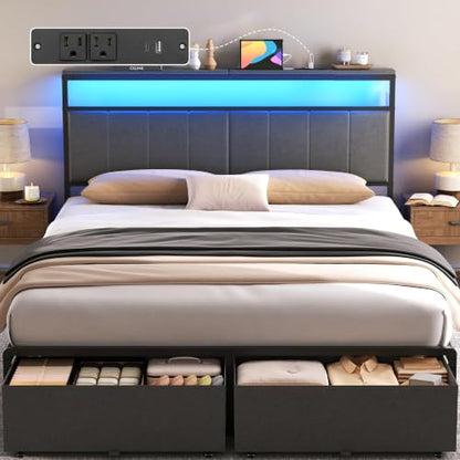 Queen Bed Frame with 2 Storage Drawers, Grey Upholstered