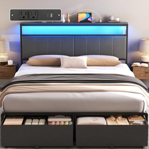 Queen Bed Frame with 2 Storage Drawers, Grey Upholstered