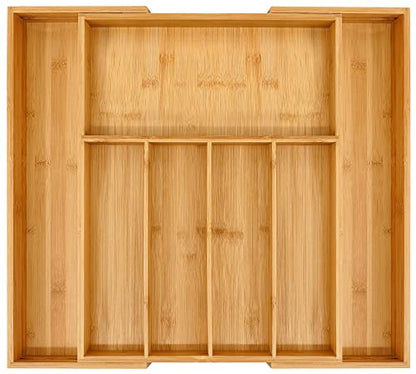 VaeFae Bamboo Drawer Organizer, Large, Natural | Expandable Silverware Organizer, Kitchen Utensil Storage, Wooden Cutlery Tray with Dividers, Fork and Spoon Holder