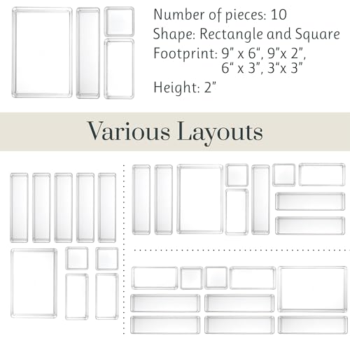 STORi SimpleSort 10-Piece Stackable Clear Drawer Organizer Set | Multi-size Trays | Makeup Vanity Storage Bins and Office Desk Drawer Dividers | Made in USA