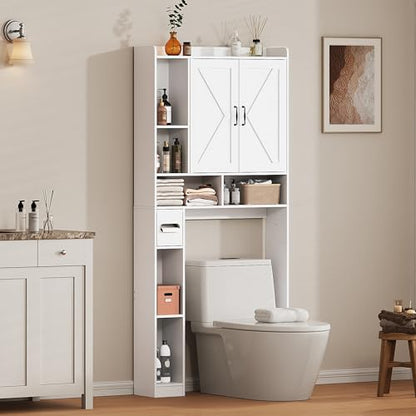 Over the Toilet Storage Cabinet, 31”W Bathroom Organizer | With Double Doors, Above Toilet Rack, Detachable Toilet Paper Holder for Bathroom & Laundry Room White