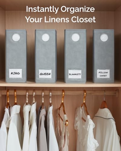 4 Pack Sheet Organizers - Foldable Sheets Set Organizer - King/Queen - Grey | Storage Organizer for Linen Closet, Folder Keeper with Window XL, Blanket, Duvet & Pillowcases Dustproof Bedding Container