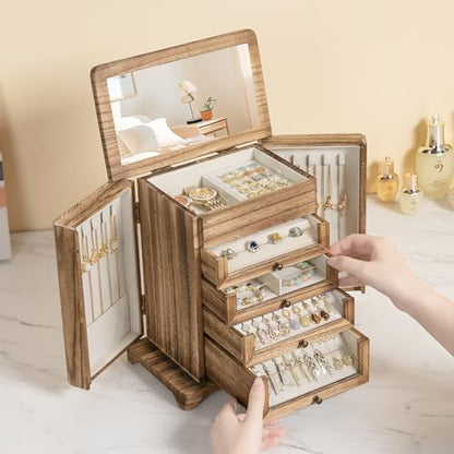 Large Jewelry Box & Organizer for Women, Wooden Jewelry Storage with 4 Transparent Drawers, Holds Necklaces, Rings, Bracelets, Earrings and Watches(Brown)