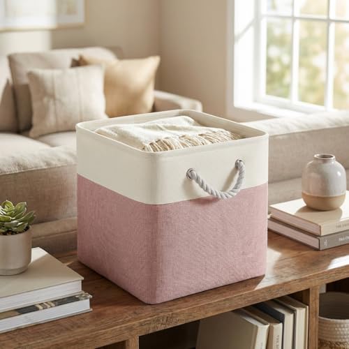 FinishingBo 11 inch Cube Storage Bin with Handles 6 Pack | Foldable Basket, Fabric Storage Bins, Closet Storage, Home Organizer (White/Pink)