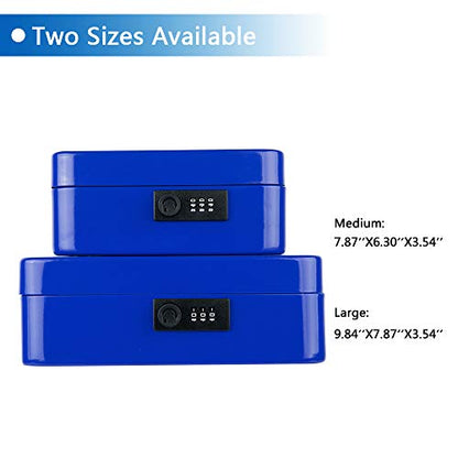 KYODOLED Cash Box with Combination Lock,Safe Metal Box for Money,Storage Lock Box with Money Tray,7.87"x 6.30"x 3.54" Blue Medium