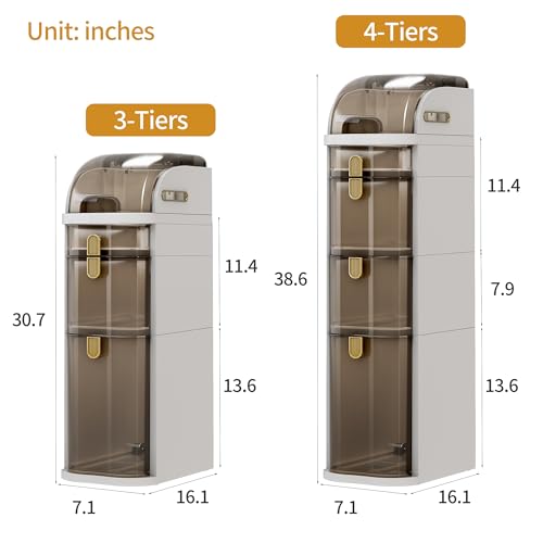 4-Tiers Slim Bathroom Storage Cabinet with Drawers & Tissue Box | Plastic Narrow Rolling Bathroom Tower Cart Waterproof & No Installation for Small Spaces Kitchen Laundry Living Room