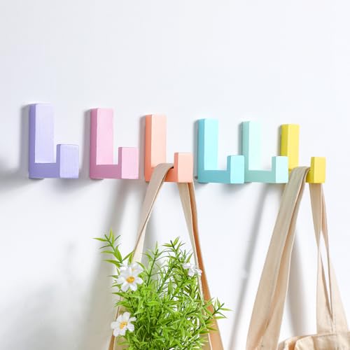 Teenyyou 6 Pack Cute Kids Coat Wall Hooks Wooden Adhesive Decorative Colorful Wall Mounted Hangers Backpack Hooks for Hanging Keys Towel Clothes Bathroom Organization(Pastel,6 Pcs)