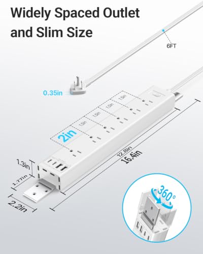 360° Mountable Surge Protector Power Strip with 4 USB Ports (2 USB C), 6 FT Electrical Outlet & Flat Plug Extension Cord for Under Desk, Wall, or Corner Mount (White)