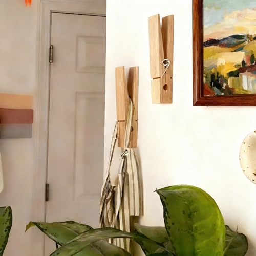 2 Pack 8.66 Inch Jumbo Natural Wooden Clothespin Wall Mount Holder | Solid wood construction, peel-and-stick no-drill install, farmhouse decor, holds towels clothes scarves bathroom laundry use